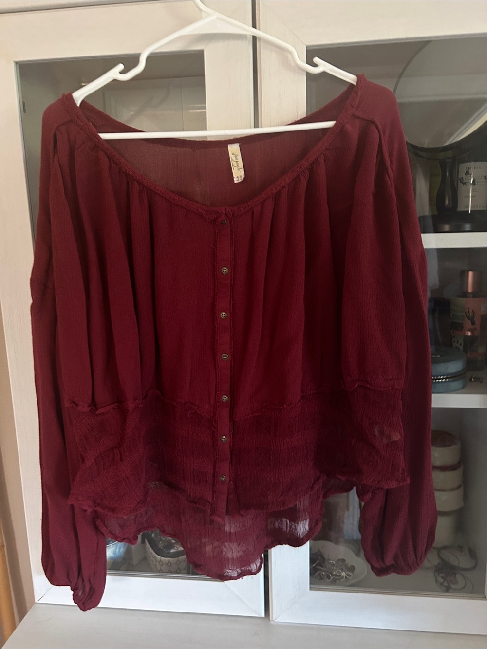 Free People Women's Boho Button-Front Peasant Top - Burgundy